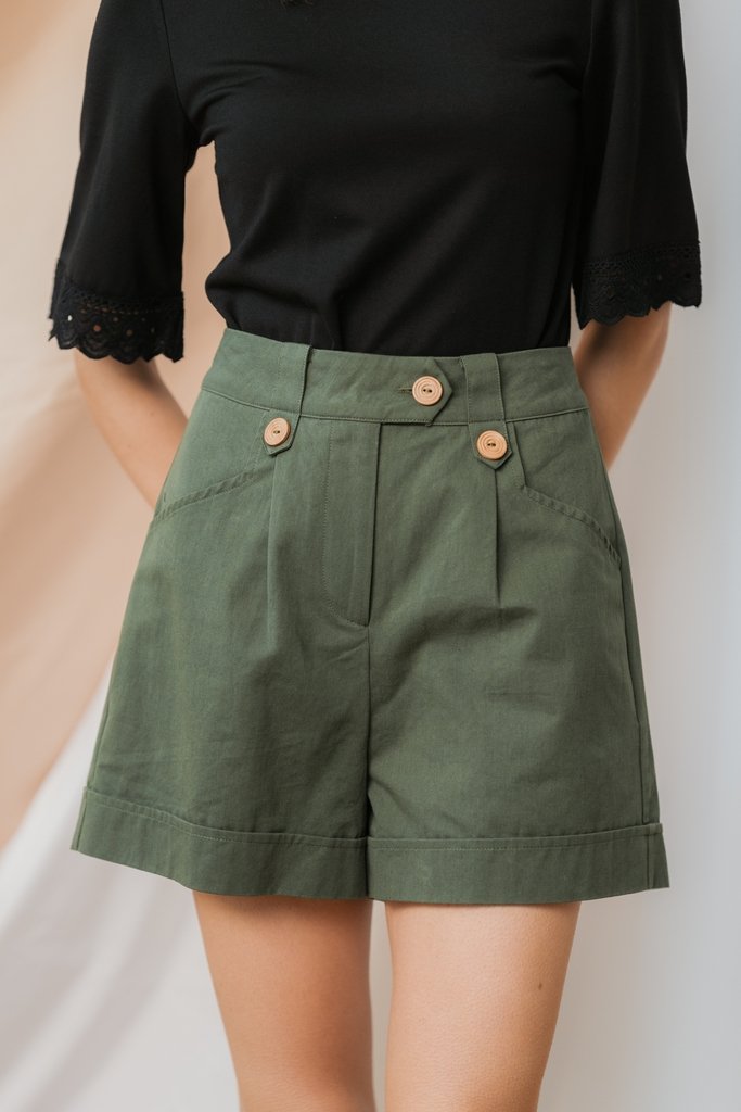 Nyla Button Pocket Shorts in Olive (XS)
