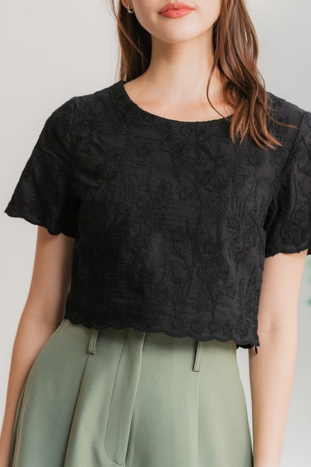 Rosemay Floral Embroidery Crop Top in Black (XS)