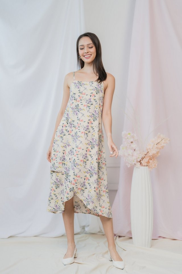 Scarletta Floral Petal Hem Midi Dress in Cream