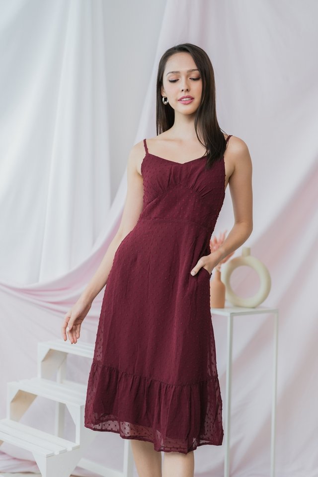 Angelou Swiss Dot Camisole Midi Dress in Wine Red