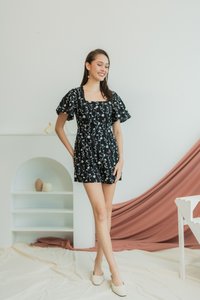 Lunar Floral Embroidery Romper in Black (XS)