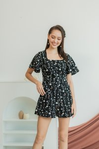 Lunar Floral Embroidery Romper in Black (XS)