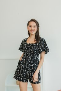 Lunar Floral Embroidery Romper in Black (XS)