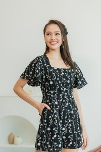 Lunar Floral Embroidery Romper in Black (XS)