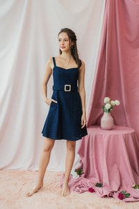 Caydence Leafy Eyelet Belted Dress in Navy (XS)
