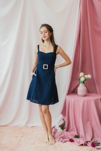 Caydence Leafy Eyelet Belted Dress in Navy (XS)