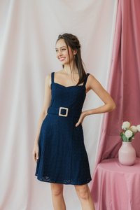 Caydence Leafy Eyelet Belted Dress in Navy (XS)