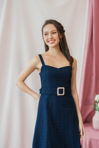 Caydence Leafy Eyelet Belted Dress in Navy (XS)