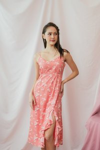Lea Floral Camisole Midi Dress in Coral Pink
