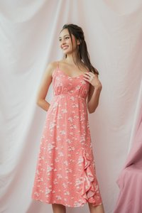 Lea Floral Camisole Midi Dress in Coral Pink