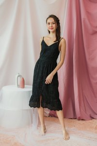 Norah Eyelet Slit Midi Dress in Black (XS)