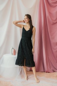 Norah Eyelet Slit Midi Dress in Black (XS)