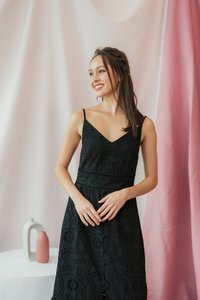 Norah Eyelet Slit Midi Dress in Black (XS)