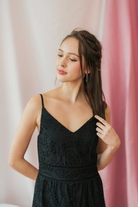 Norah Eyelet Slit Midi Dress in Black (XS)