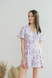 Sabrina Floral Pleated Romper in Plum (XS)