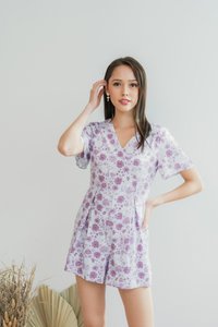 Sabrina Floral Pleated Romper in Plum (XS)