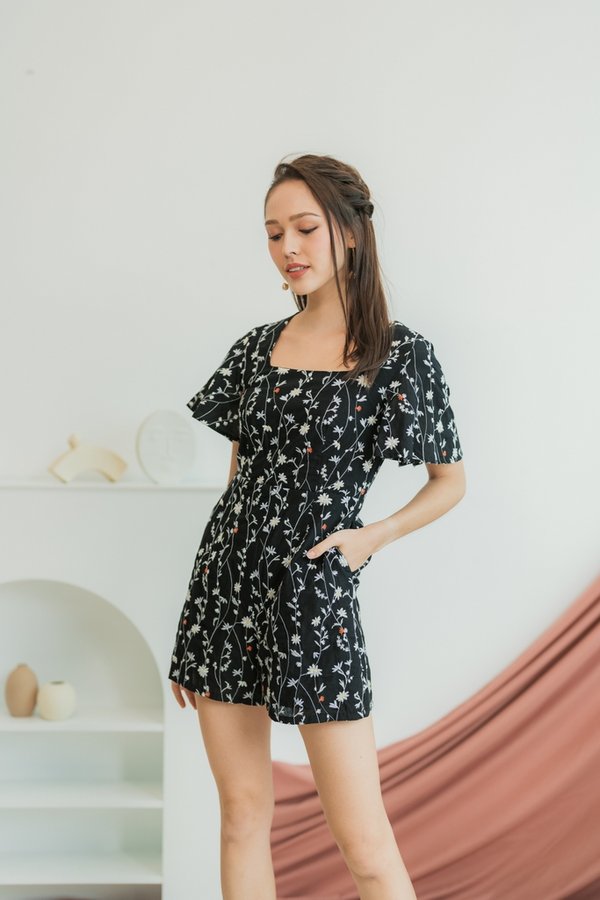 Lunar Floral Embroidery Romper in Black (XS)
