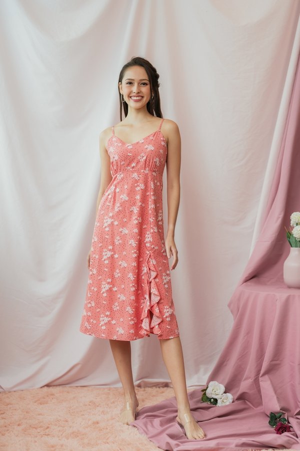 Lea Floral Camisole Midi Dress in Coral Pink