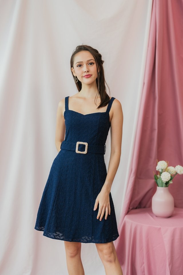 Caydence Leafy Eyelet Belted Dress in Navy (XS)