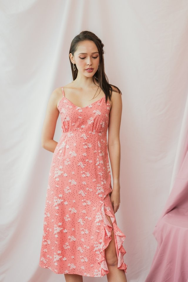 Lea Floral Camisole Midi Dress in Coral Pink