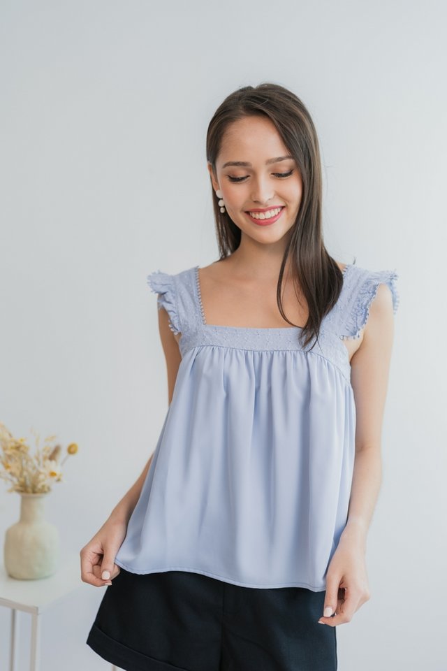 Brooke Floral Embroidered Top in Powder Blue