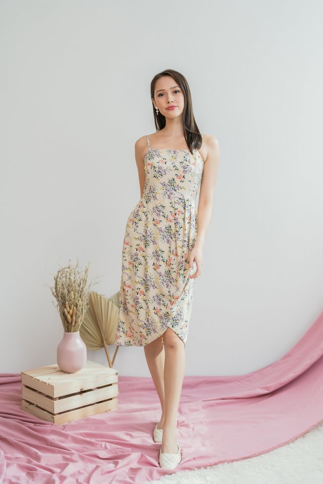 Juliana Floral Petal Hem Midi Dress in Cream