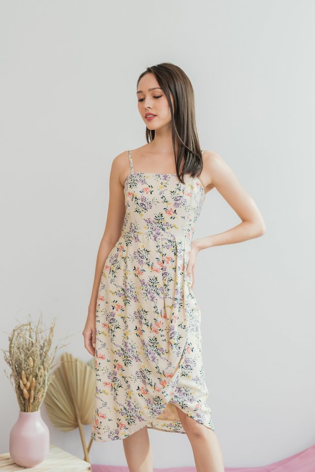 Juliana Floral Petal Hem Midi Dress in Cream