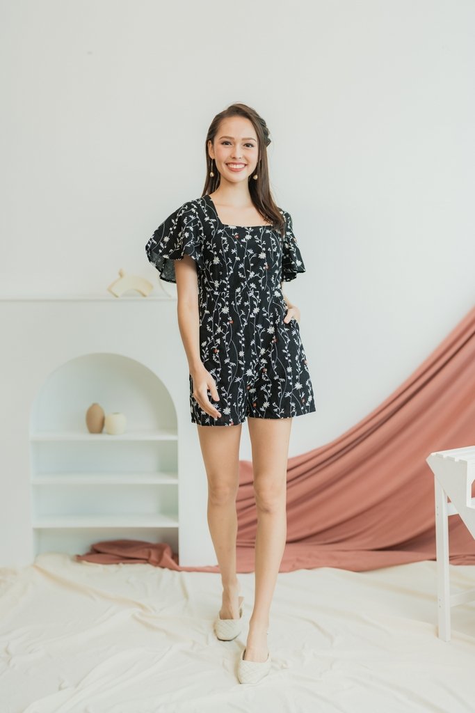Lunar Floral Embroidery Romper in Black (XS)