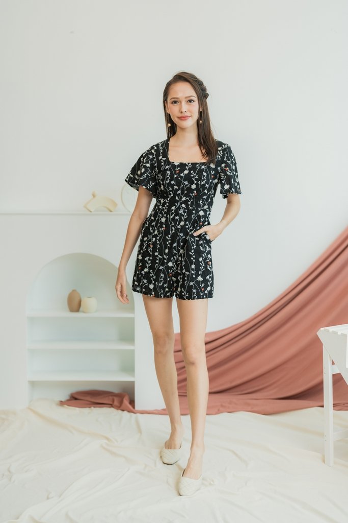 Lunar Floral Embroidery Romper in Black (XS)