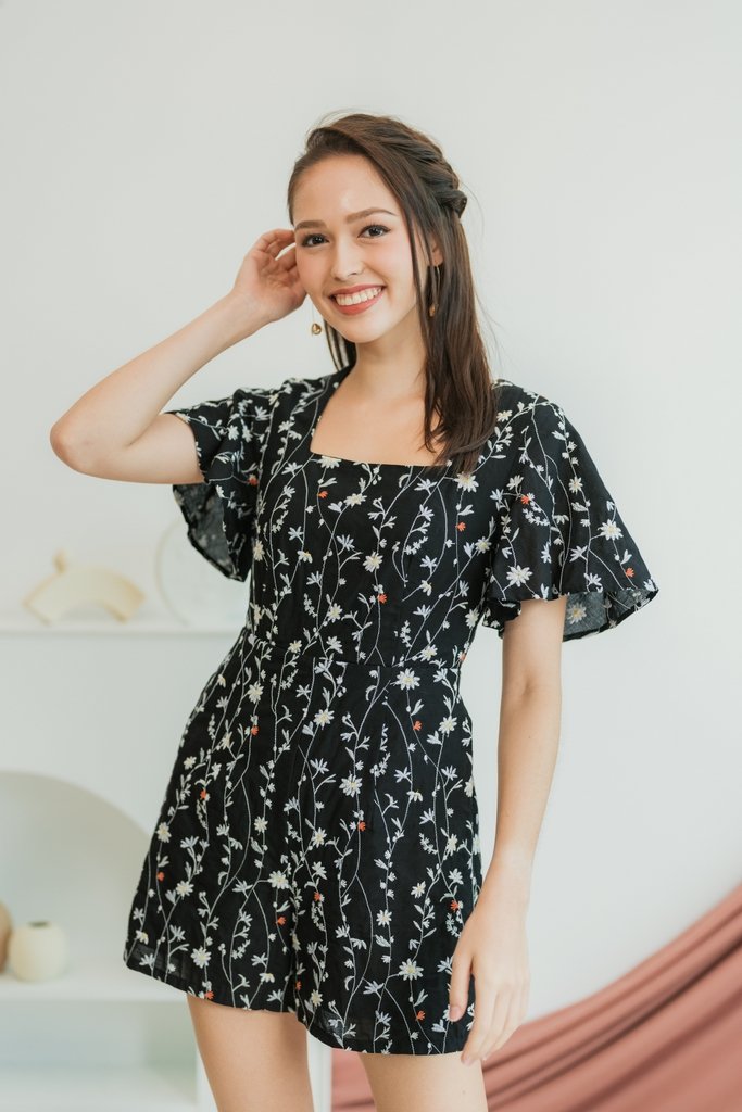 Lunar Floral Embroidery Romper in Black (XS)