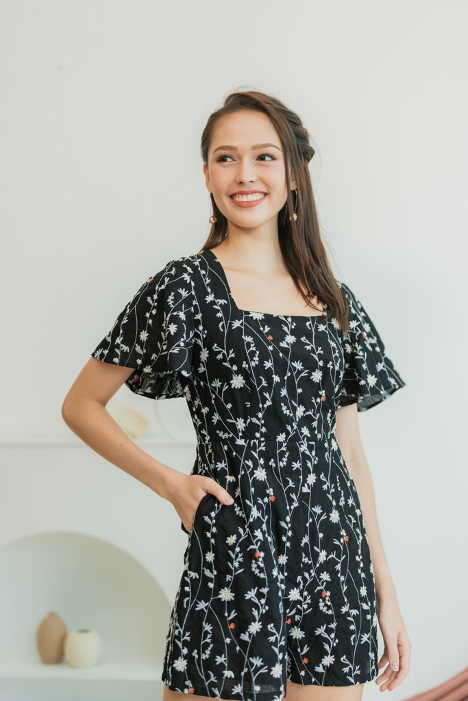 Lunar Floral Embroidery Romper in Black (XS)