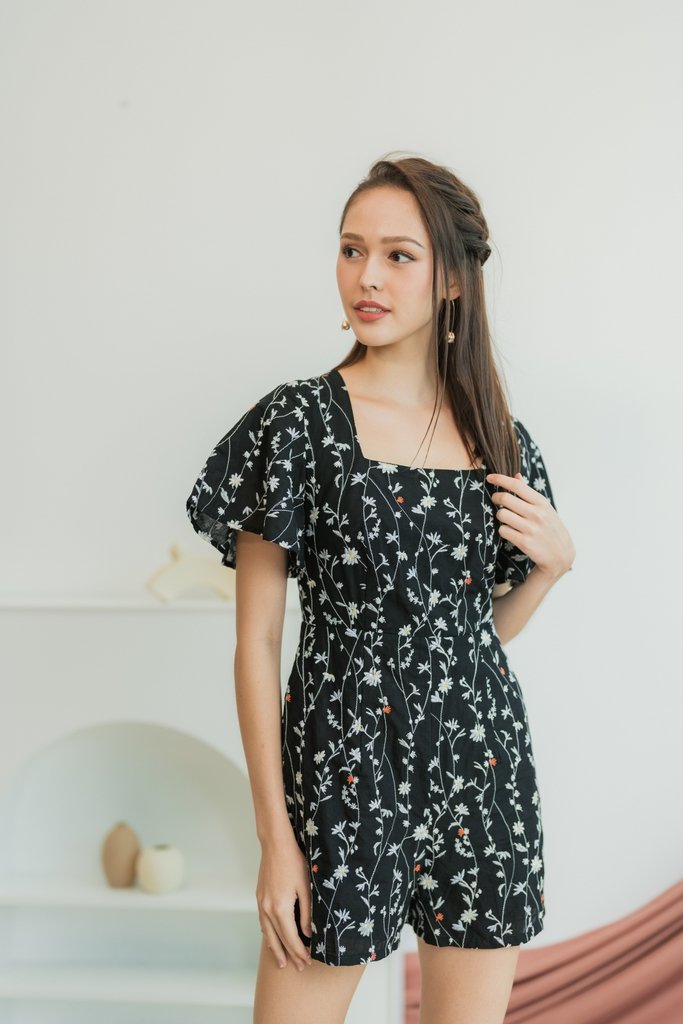 Lunar Floral Embroidery Romper in Black (XS)