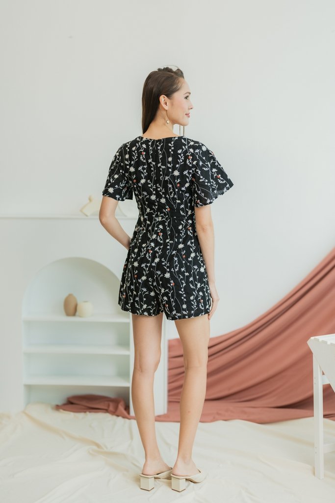 Lunar Floral Embroidery Romper in Black (XS)