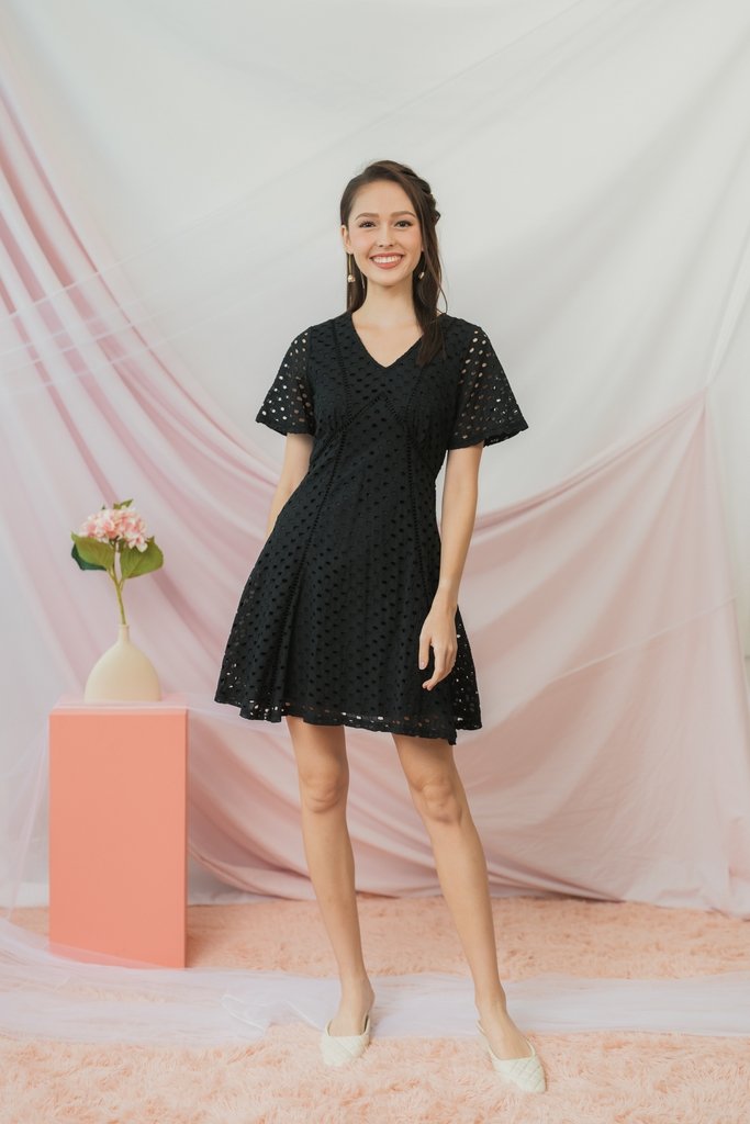 Marianne Empire Broderie Dress in Black (XS)