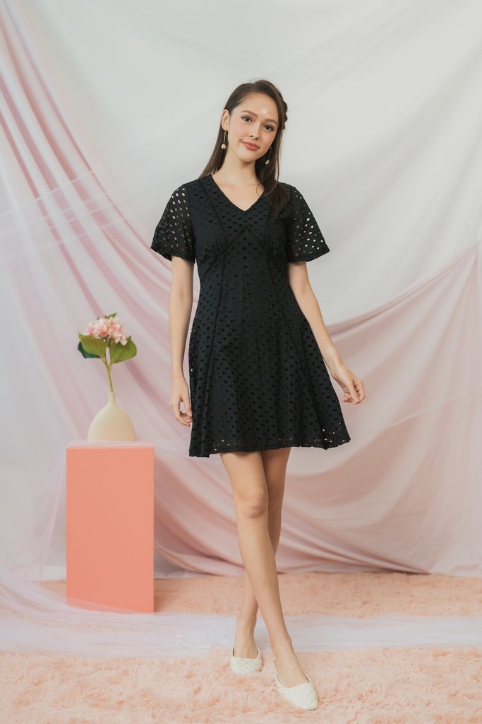 Marianne Empire Broderie Dress in Black (XS)