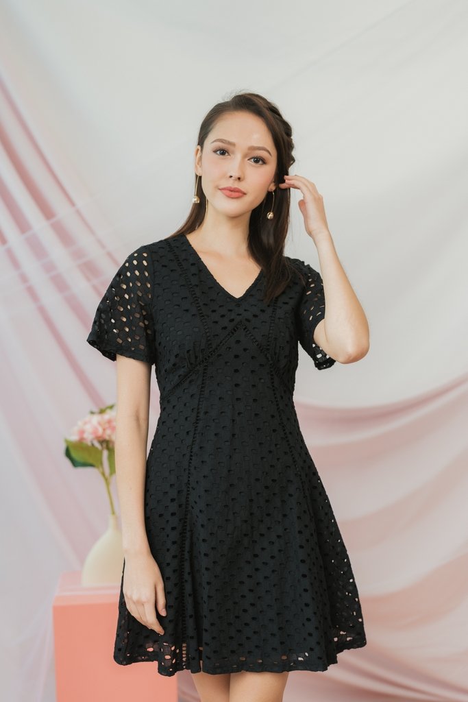Marianne Empire Broderie Dress in Black (XS)