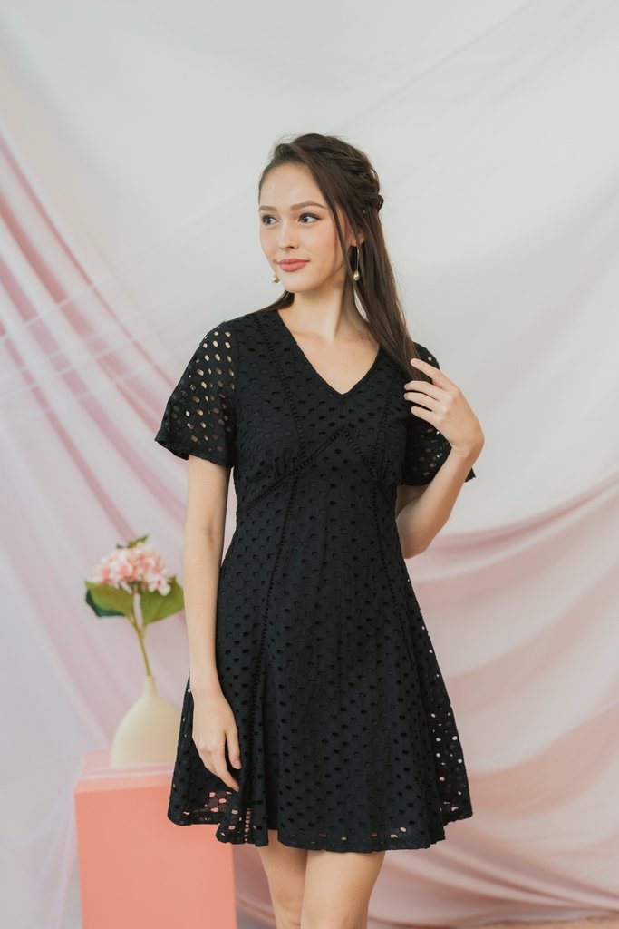 Marianne Empire Broderie Dress in Black (XS)