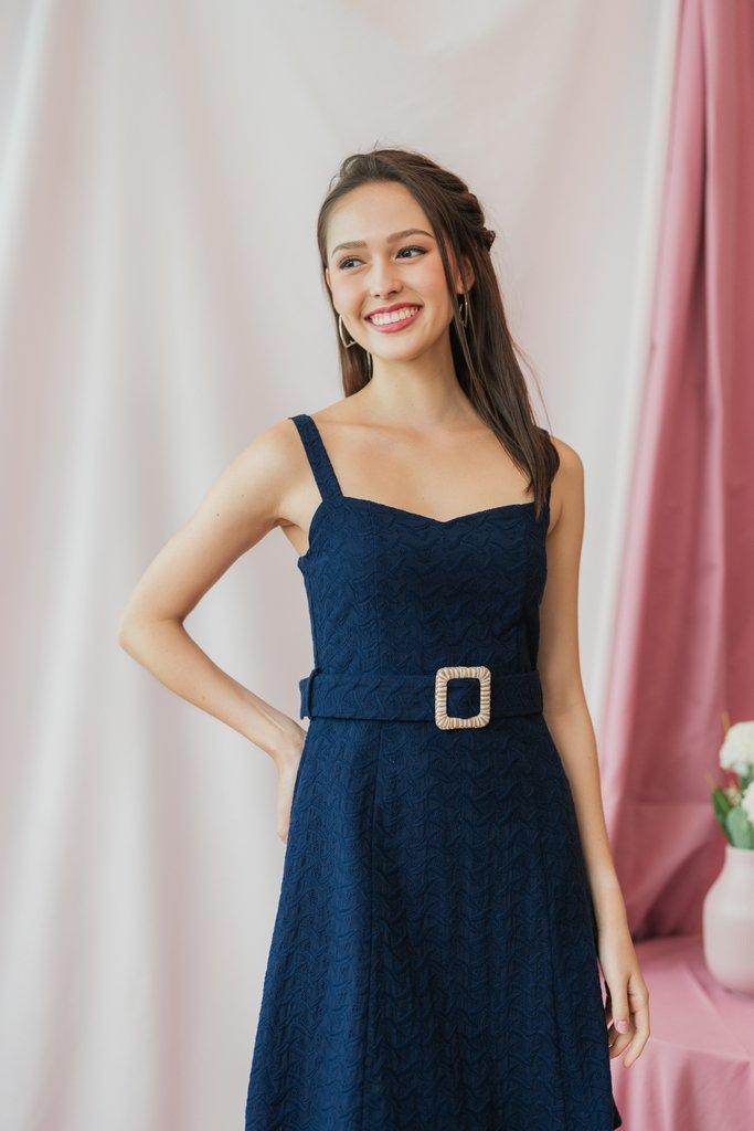 Caydence Leafy Eyelet Belted Dress in Navy (XS)