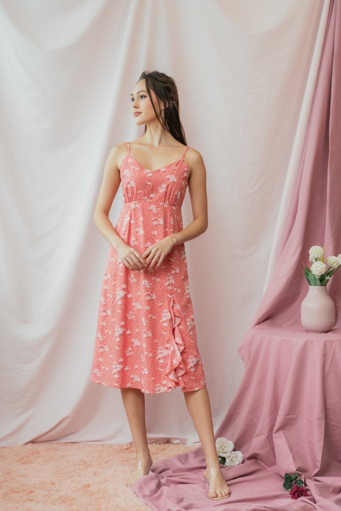 Lea Floral Camisole Midi Dress in Coral Pink