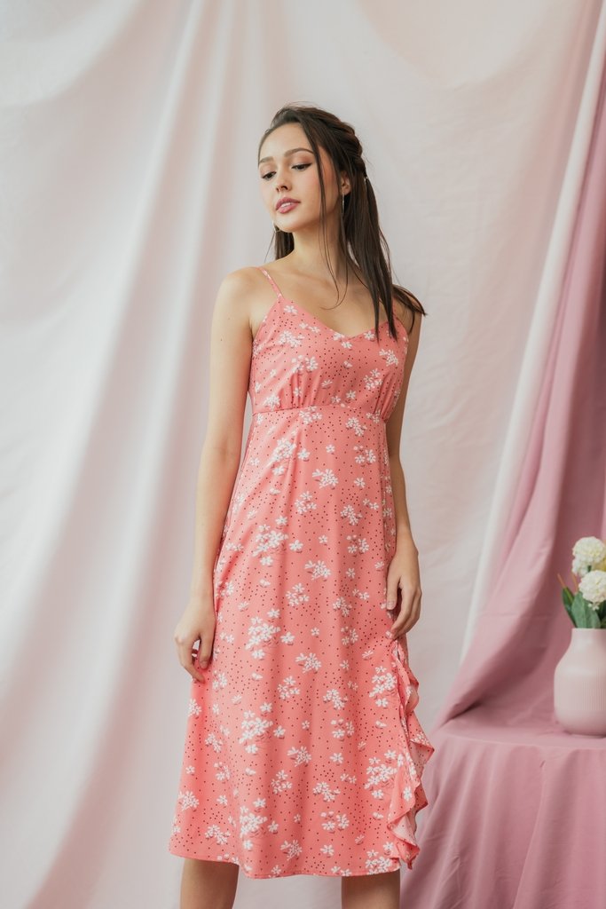 Lea Floral Camisole Midi Dress in Coral Pink