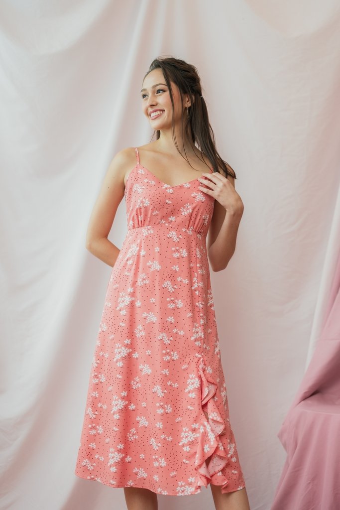 Lea Floral Camisole Midi Dress in Coral Pink