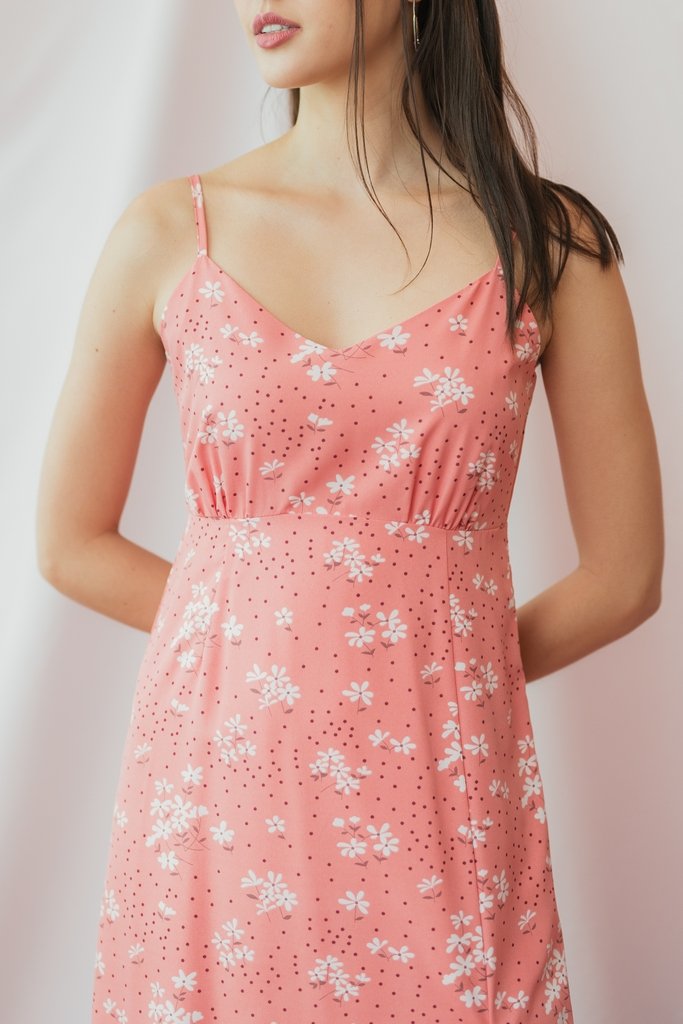 Lea Floral Camisole Midi Dress in Coral Pink