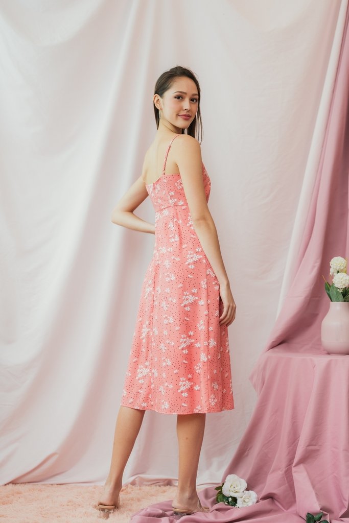 Lea Floral Camisole Midi Dress in Coral Pink