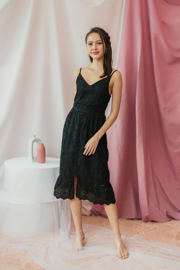 Norah Eyelet Slit Midi Dress in Black (XS)