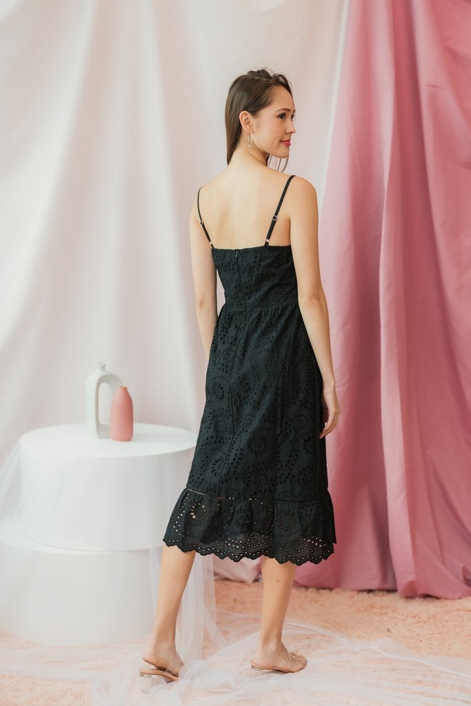 Norah Eyelet Slit Midi Dress in Black (XS)