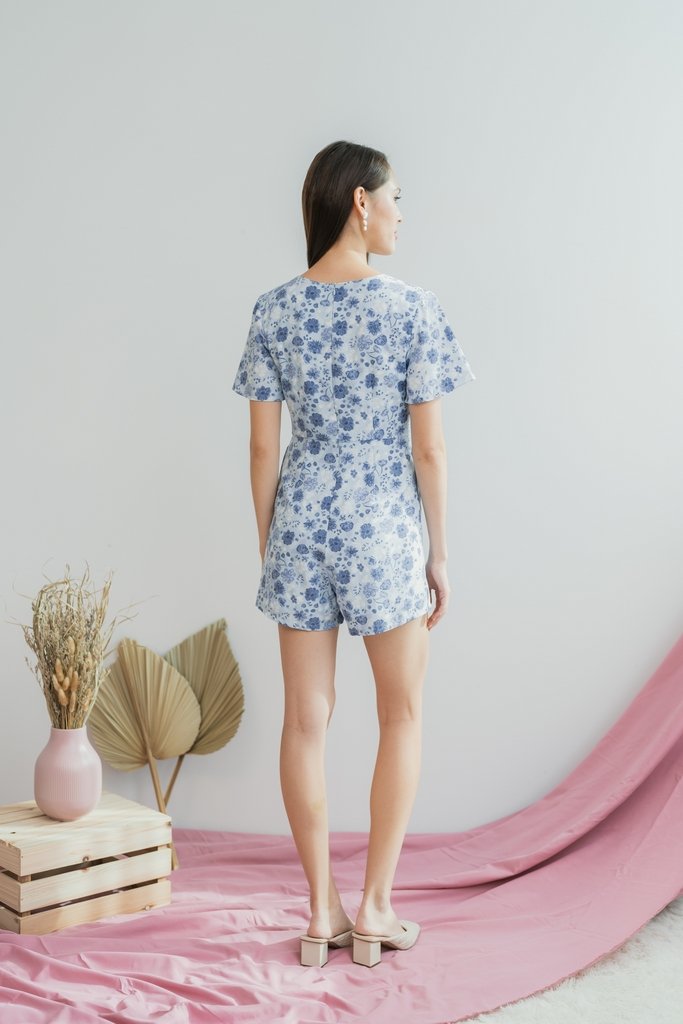 Sabrina Floral Pleated Romper in Blue (XS)
