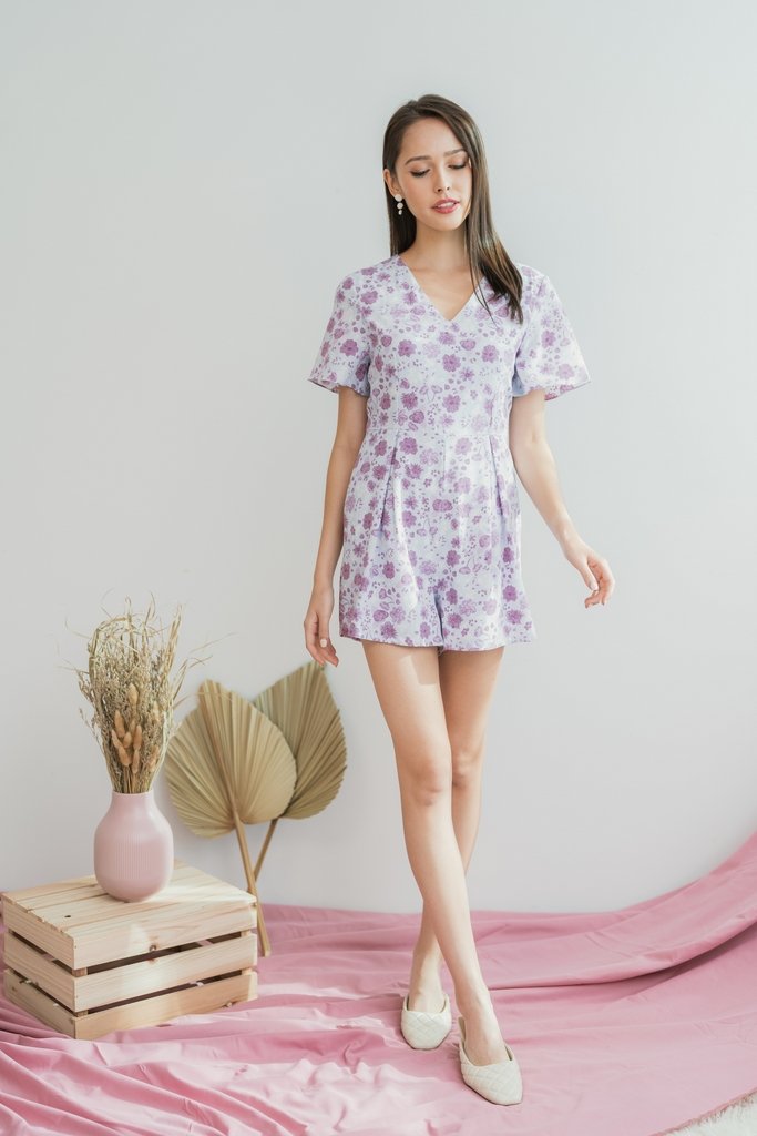 Sabrina Floral Pleated Romper in Plum (XS)