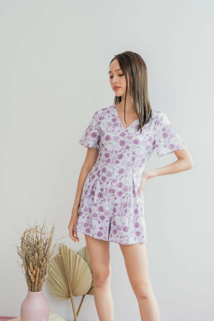 Sabrina Floral Pleated Romper in Plum (XS)