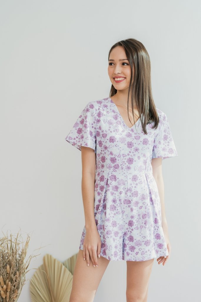 Sabrina Floral Pleated Romper in Plum (XS)