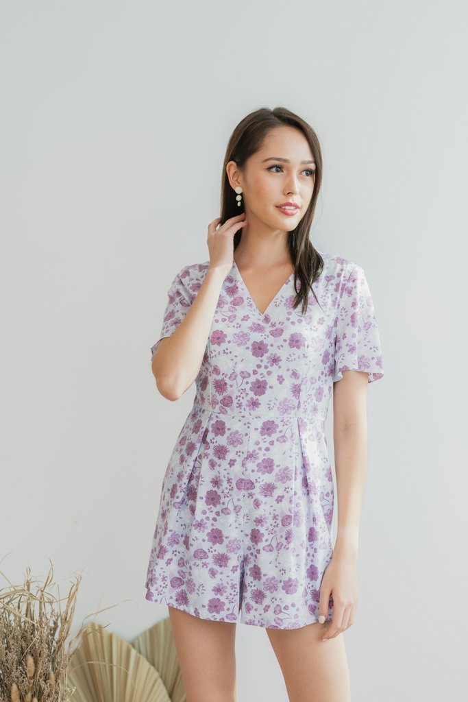 Sabrina Floral Pleated Romper in Plum (XS)